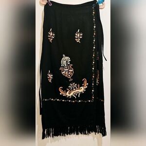Ladies Black Embroidered Wrap Skirt with Fringe Size Med.